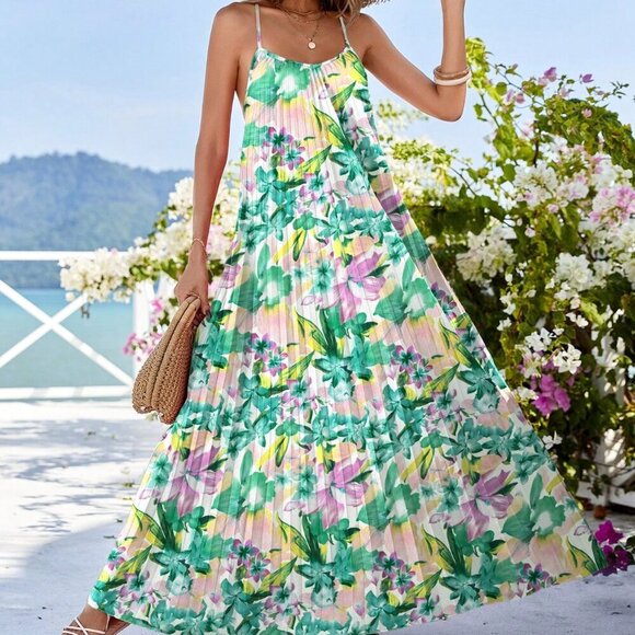 Multicolor Boho Womens A-Line Pleated Romantic Floral Print Sling Backless Dress - Picture 3 of 5